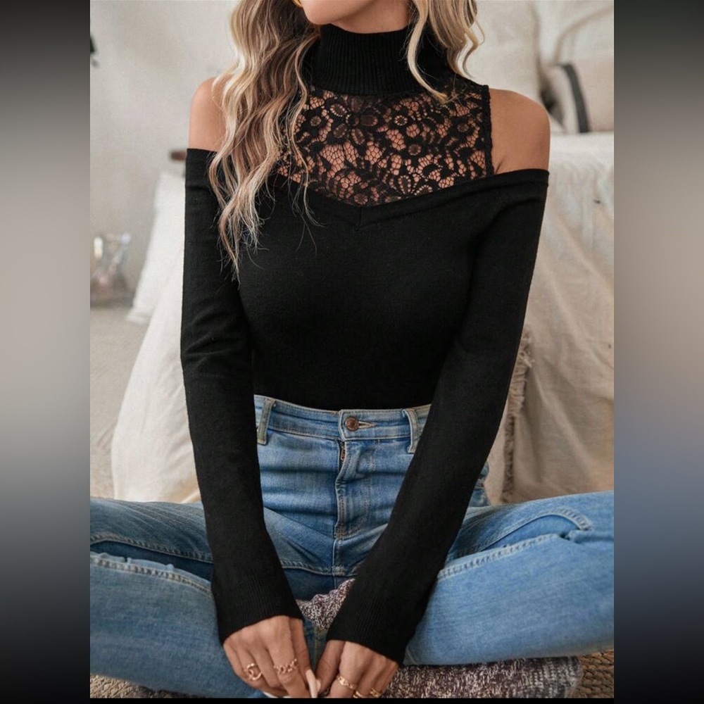 Contrast Lace Cold Shoulder Black Long Sleeve Slim Fit Sweater